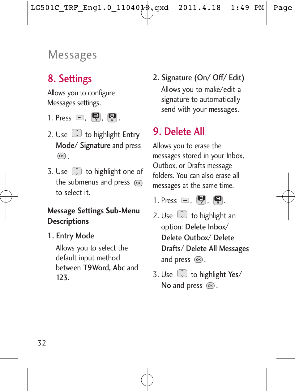 Messages, Settings, Delete all | LG LG501C User Manual | Page 32 / 104