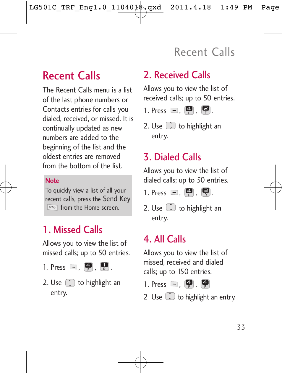 Recent calls, Missed calls, Received calls | Dialed calls, All calls | LG LG501C User Manual | Page 33 / 104