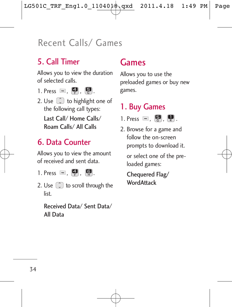 Games, Recent calls/ games, Call timer | Data counter, Buy games | LG LG501C User Manual | Page 34 / 104