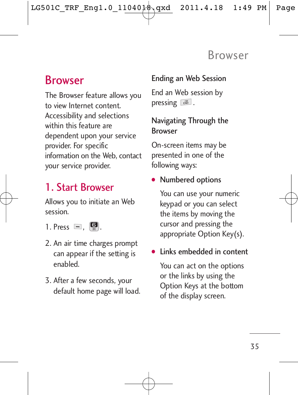 Browser, Start browser | LG LG501C User Manual | Page 35 / 104