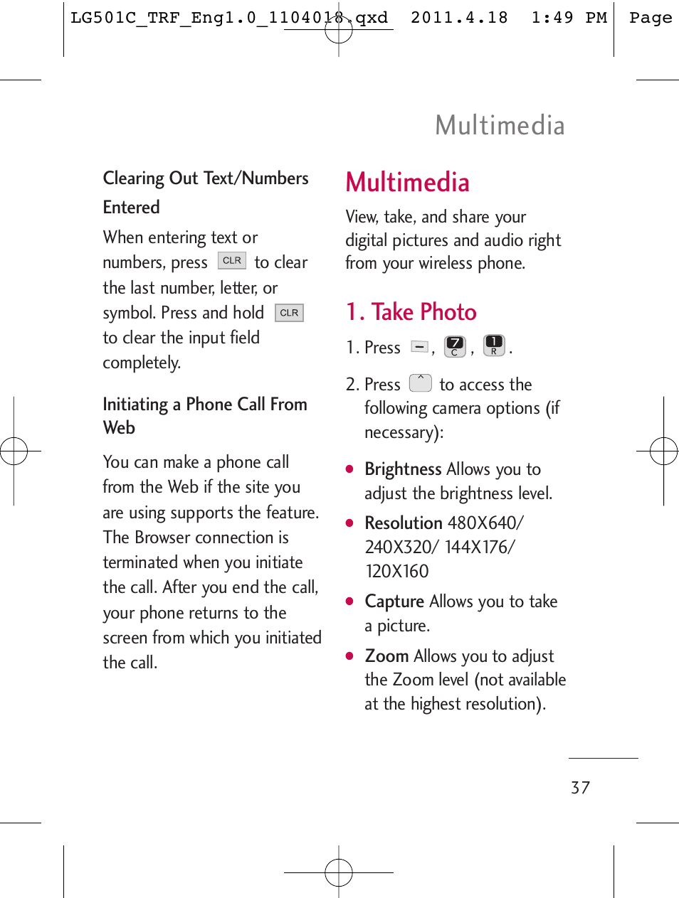 Multimedia, Take photo | LG LG501C User Manual | Page 37 / 104