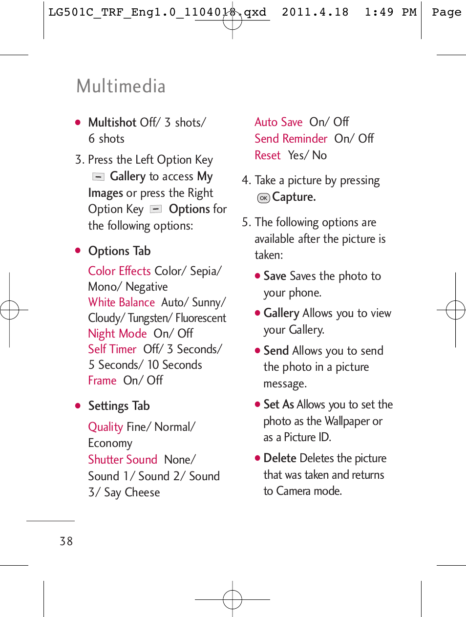 Multimedia | LG LG501C User Manual | Page 38 / 104