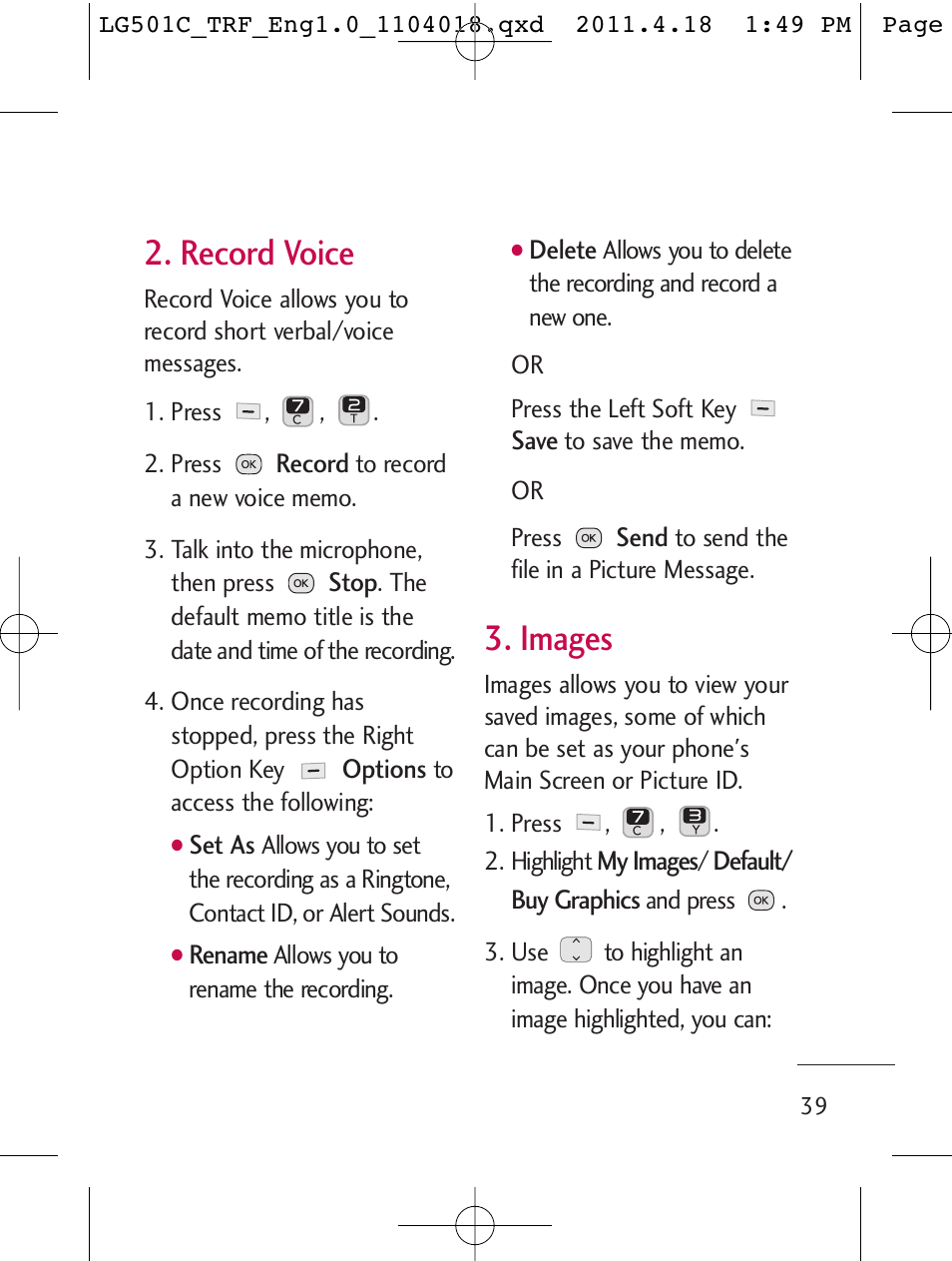 Record voice, Images | LG LG501C User Manual | Page 39 / 104