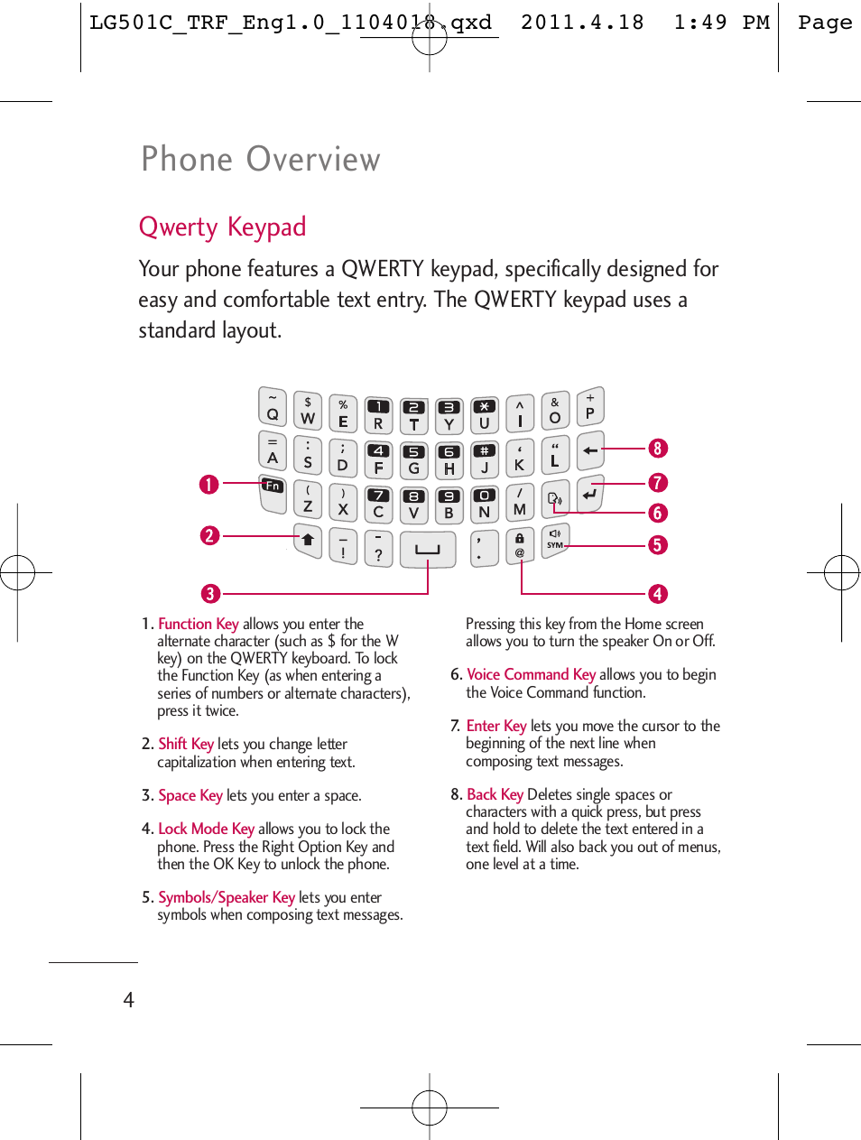 Phone overview, Qwerty keypad | LG LG501C User Manual | Page 4 / 104