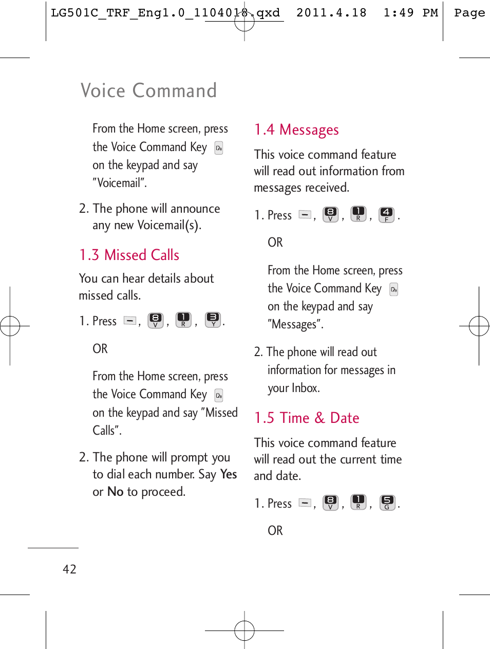 Voice command, 3 missed calls, 4 messages | 5 time & date | LG LG501C User Manual | Page 42 / 104