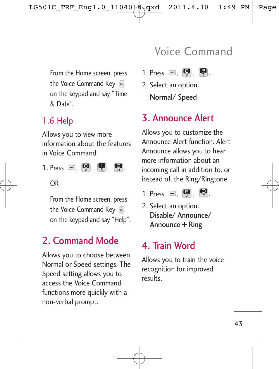 Voice command, Command mode, Announce alert | Train word | LG LG501C User Manual | Page 43 / 104