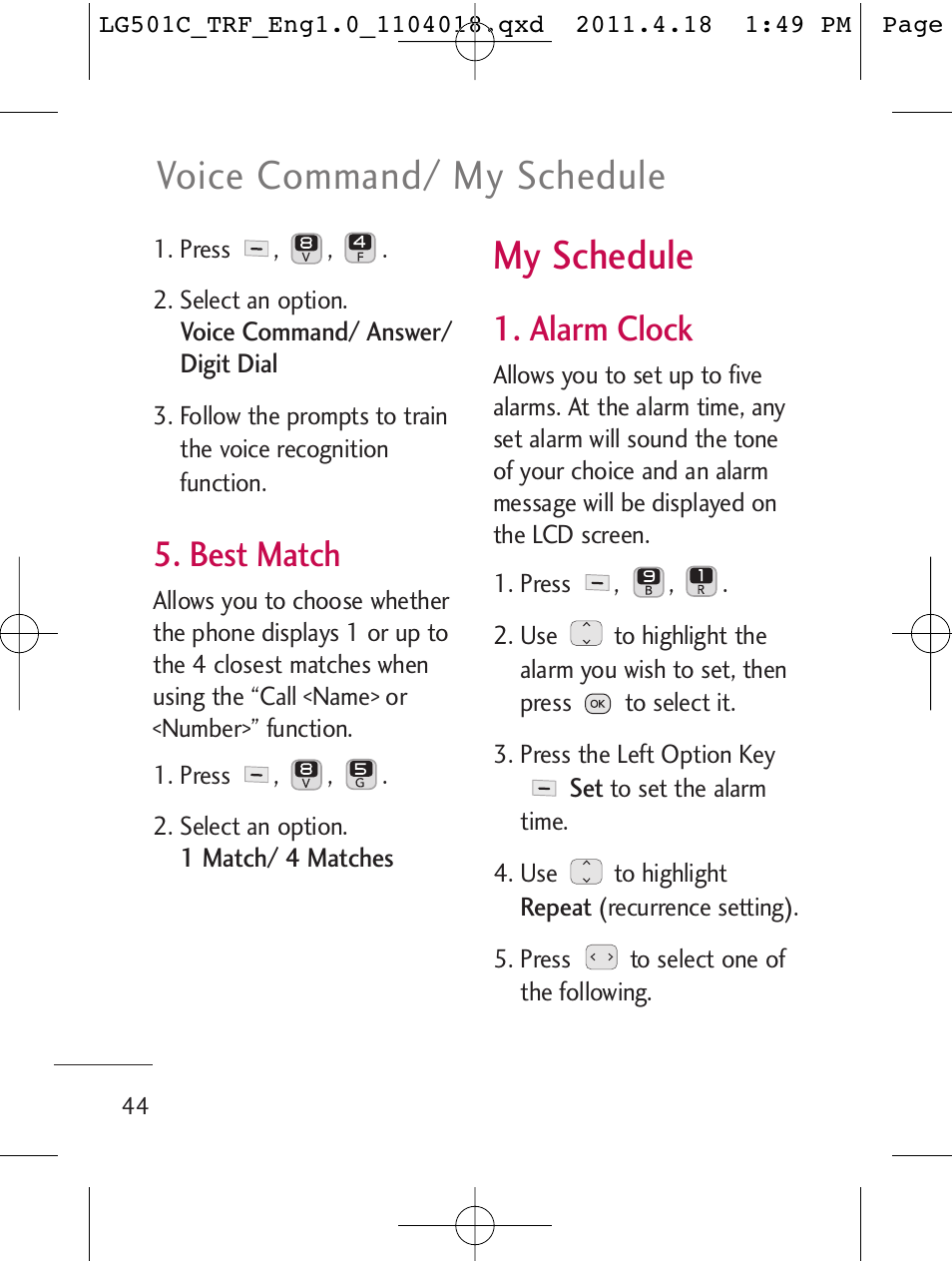 My schedule, Voice command/ my schedule, Best match | Alarm clock | LG LG501C User Manual | Page 44 / 104