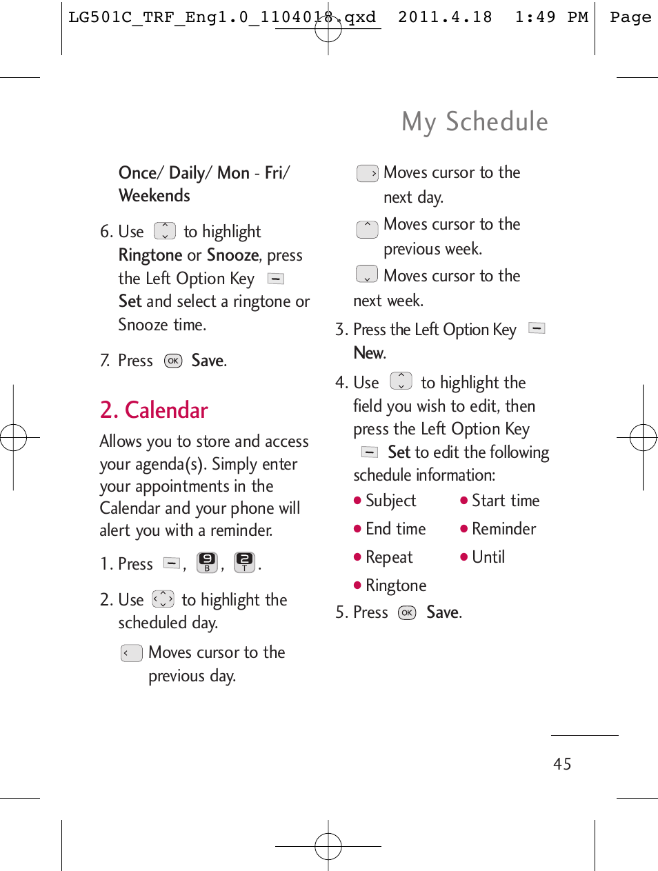 My schedule, Calendar | LG LG501C User Manual | Page 45 / 104