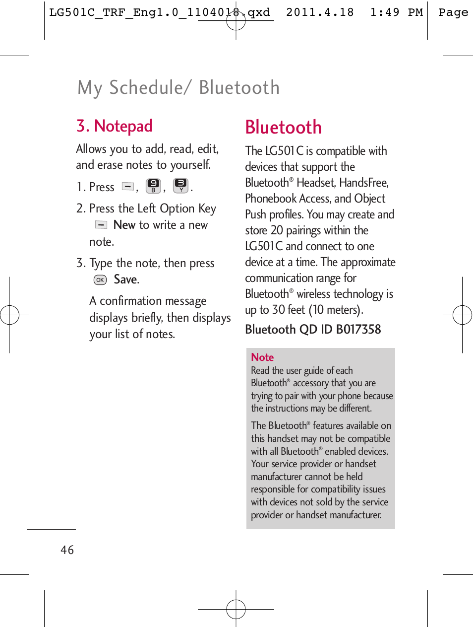 Bluetooth, My schedule/ bluetooth | LG LG501C User Manual | Page 46 / 104