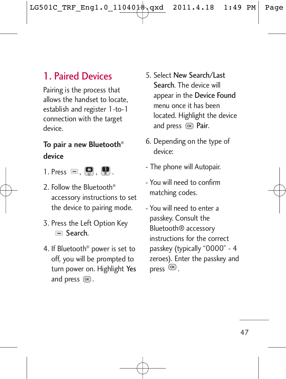 Paired devices | LG LG501C User Manual | Page 47 / 104