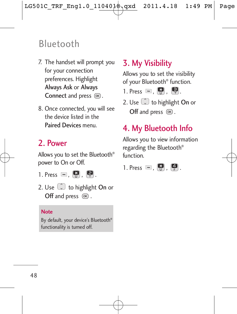 Bluetooth, Power, My visibility | My bluetooth info | LG LG501C User Manual | Page 48 / 104