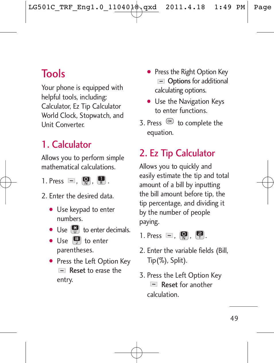 Tools, Calculator, Ez tip calculator | LG LG501C User Manual | Page 49 / 104