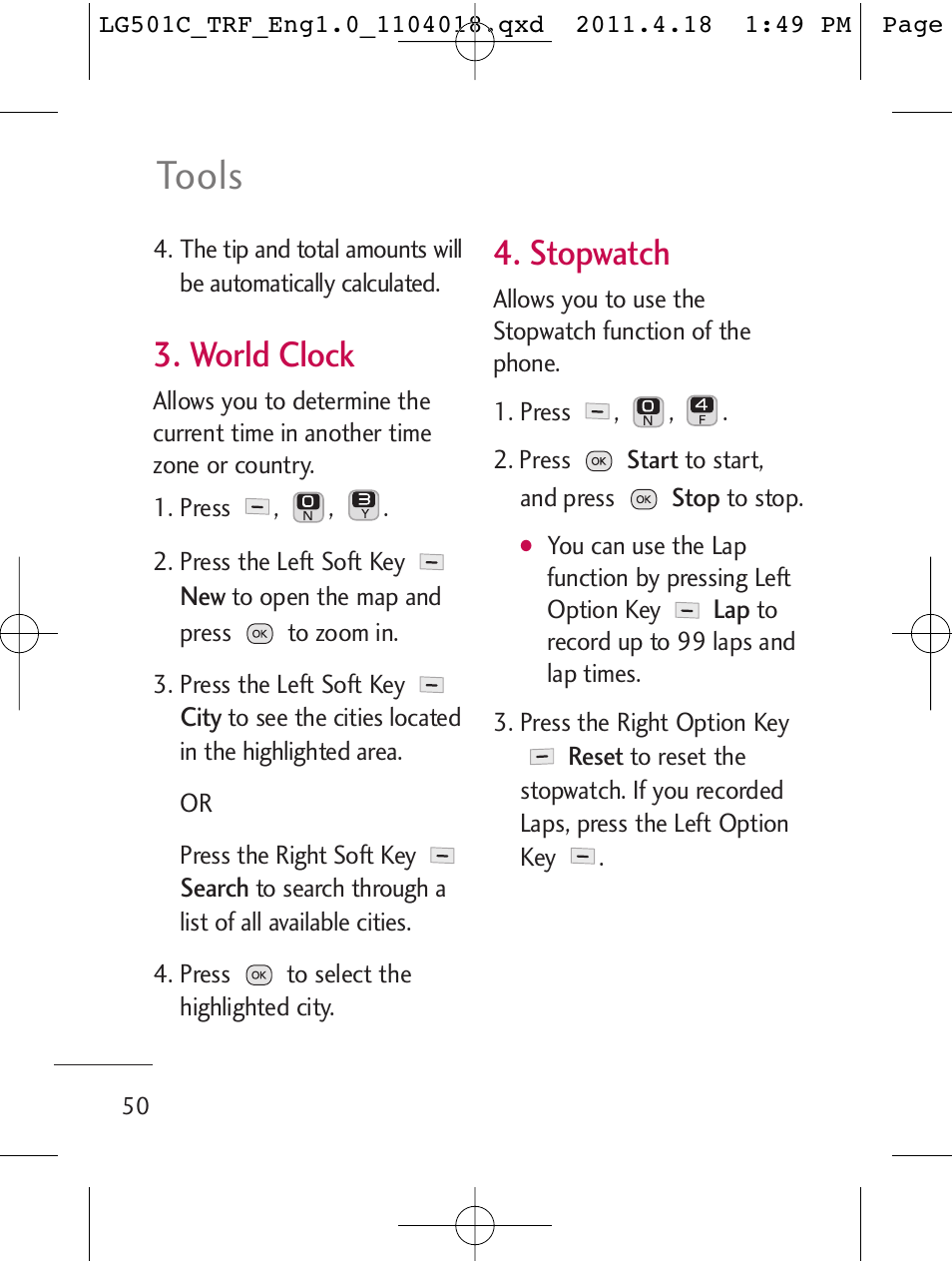 Tools, World clock, Stopwatch | LG LG501C User Manual | Page 50 / 104