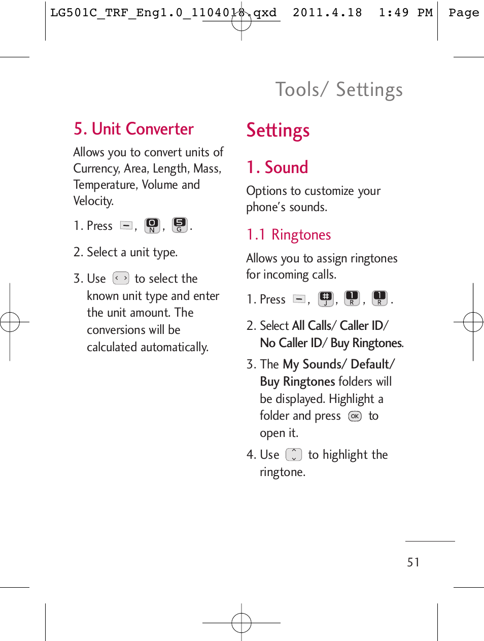 Settings, Tools/ settings, Unit converter | Sound, 1 ringtones | LG LG501C User Manual | Page 51 / 104