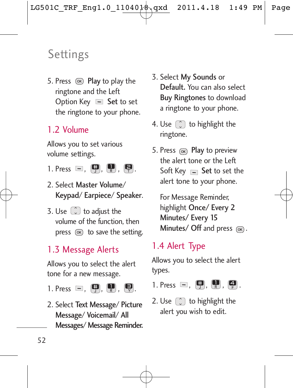 Settings, 2 volume, 3 message alerts | 4 alert type | LG LG501C User Manual | Page 52 / 104