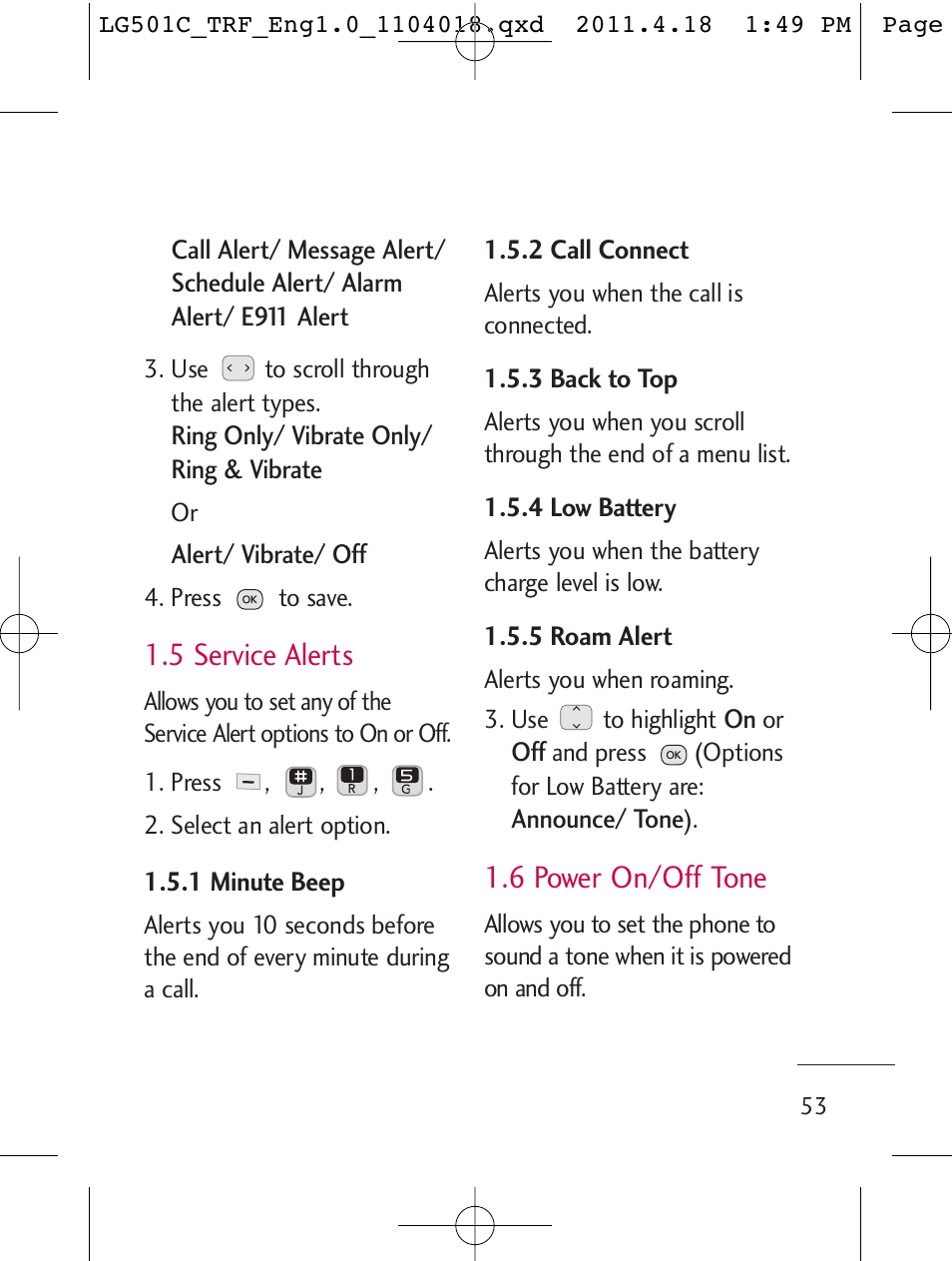 5 service alerts, 6 power on/off tone | LG LG501C User Manual | Page 53 / 104