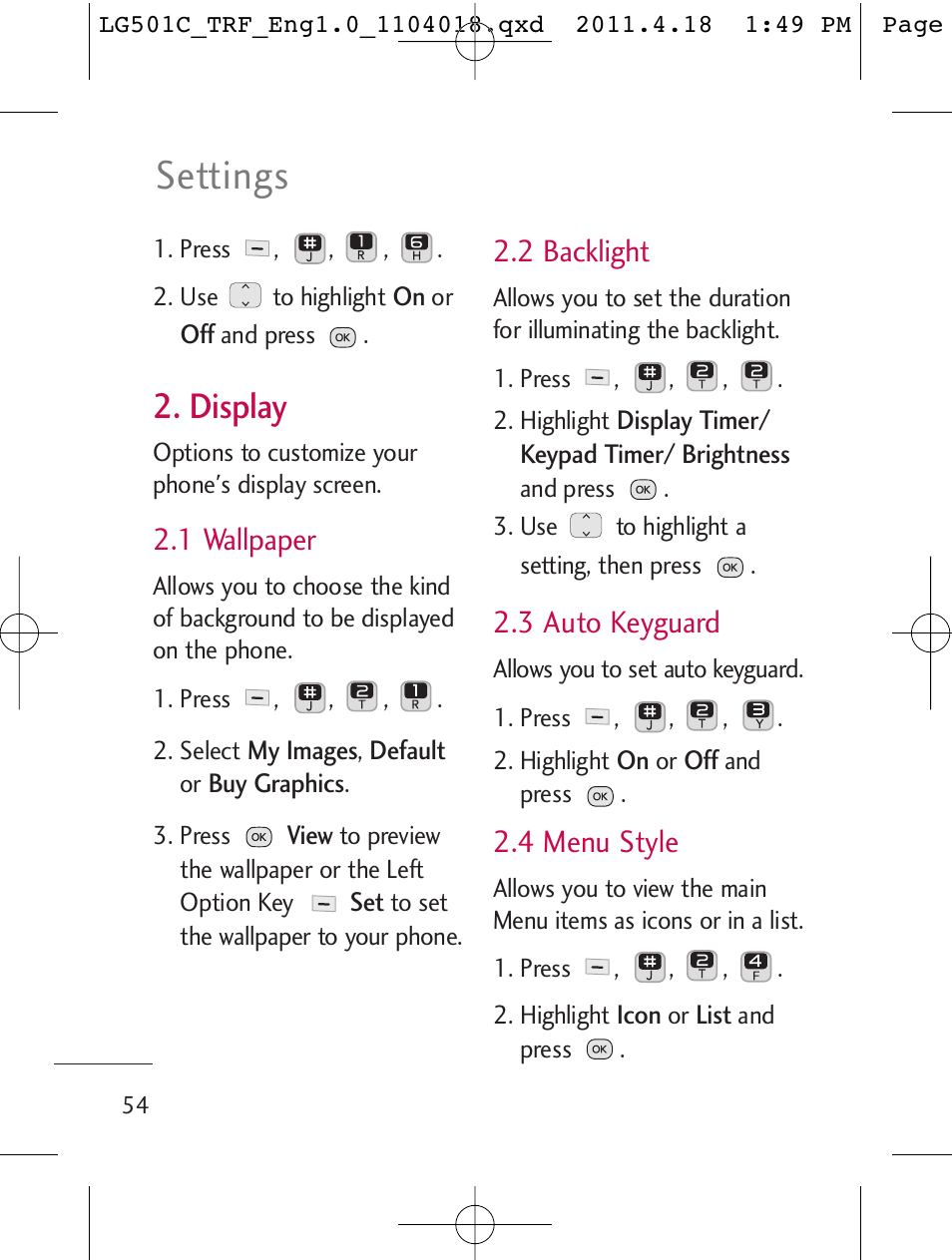 Settings, Display, 1 wallpaper | 2 backlight, 3 auto keyguard, 4 menu style | LG LG501C User Manual | Page 54 / 104