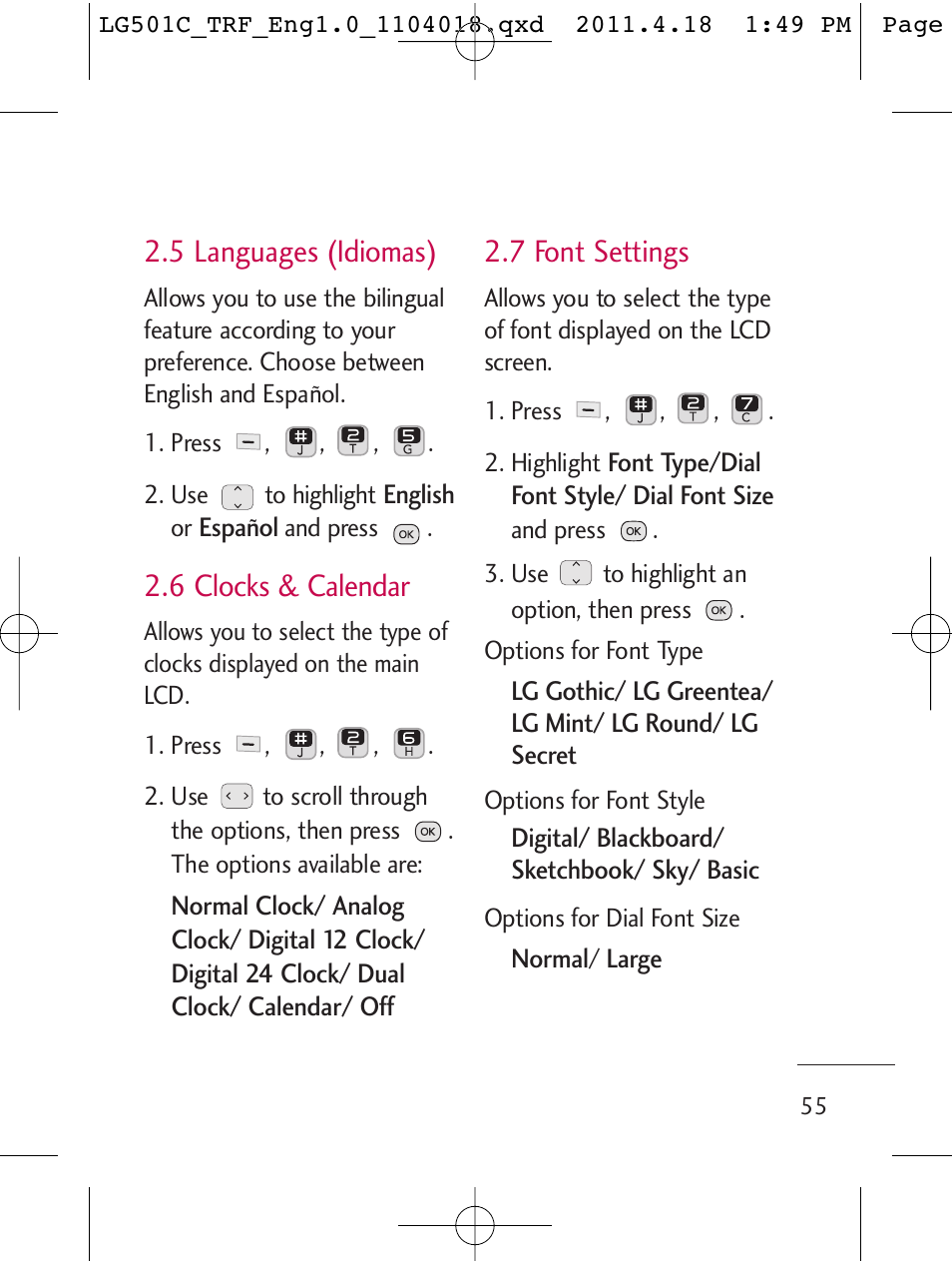 5 languages (idiomas), 6 clocks & calendar, 7 font settings | LG LG501C User Manual | Page 55 / 104