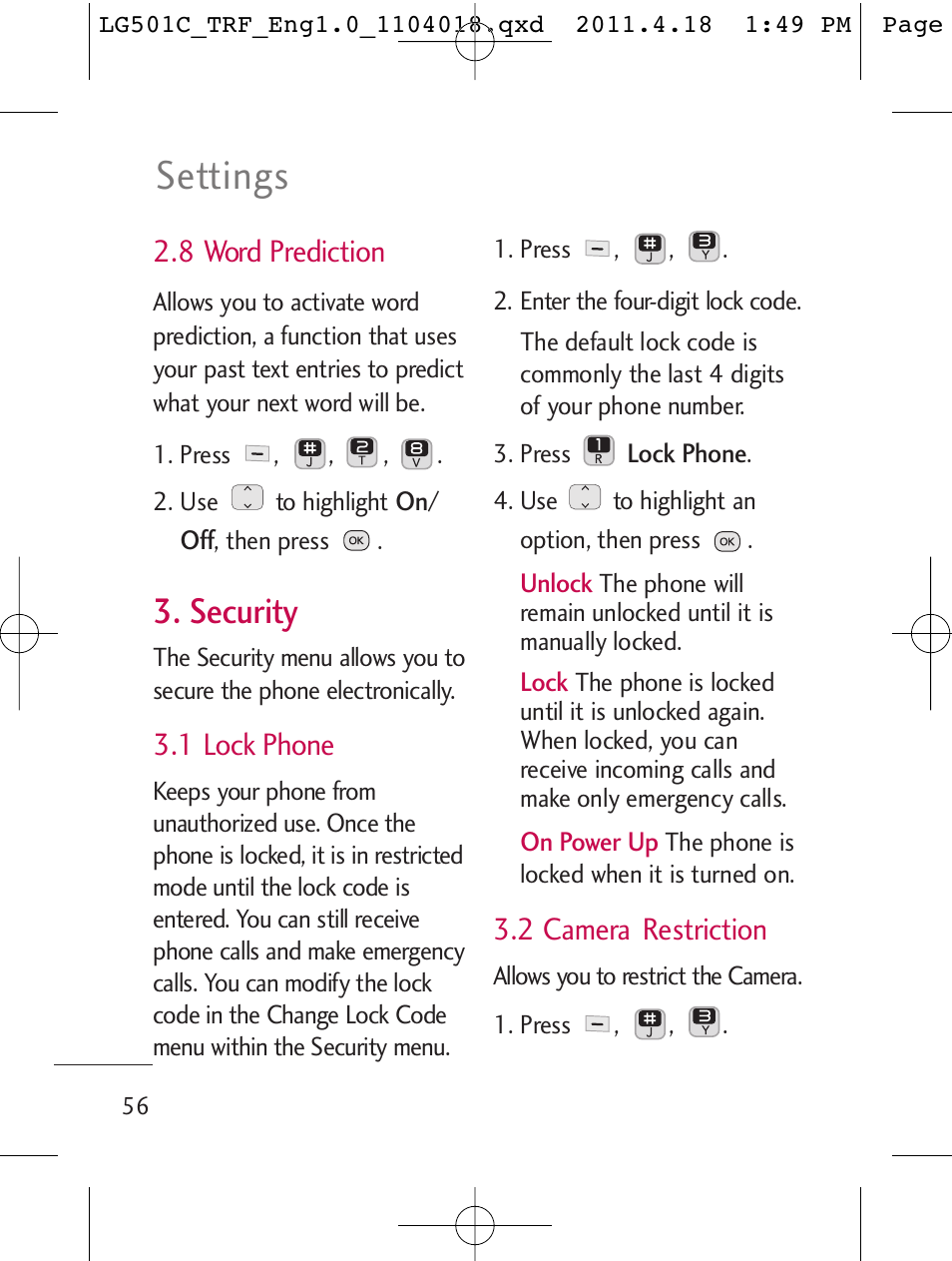 Settings, Security, 8 word prediction | 1 lock phone, 2 camera restriction | LG LG501C User Manual | Page 56 / 104