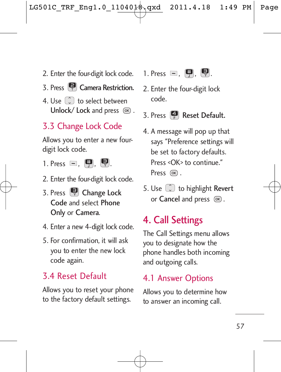 Call settings, 3 change lock code, 4 reset default | 1 answer options | LG LG501C User Manual | Page 57 / 104