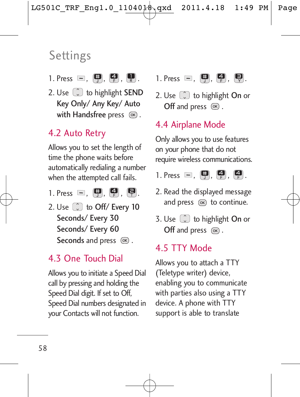 Settings, 2 auto retry, 3 one touch dial | 4 airplane mode, 5 tty mode | LG LG501C User Manual | Page 58 / 104