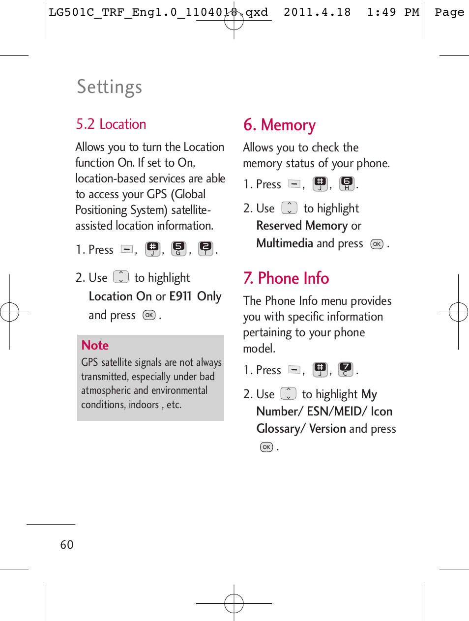 Settings, Phone info, 2 location | LG LG501C User Manual | Page 60 / 104