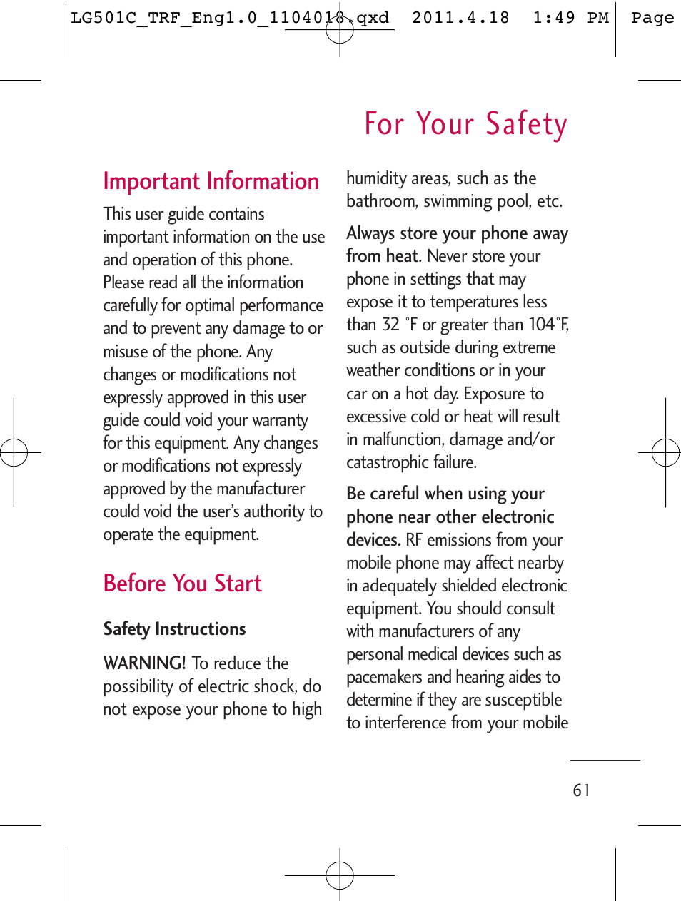 For your safety, Important information, Before you start | LG LG501C User Manual | Page 61 / 104