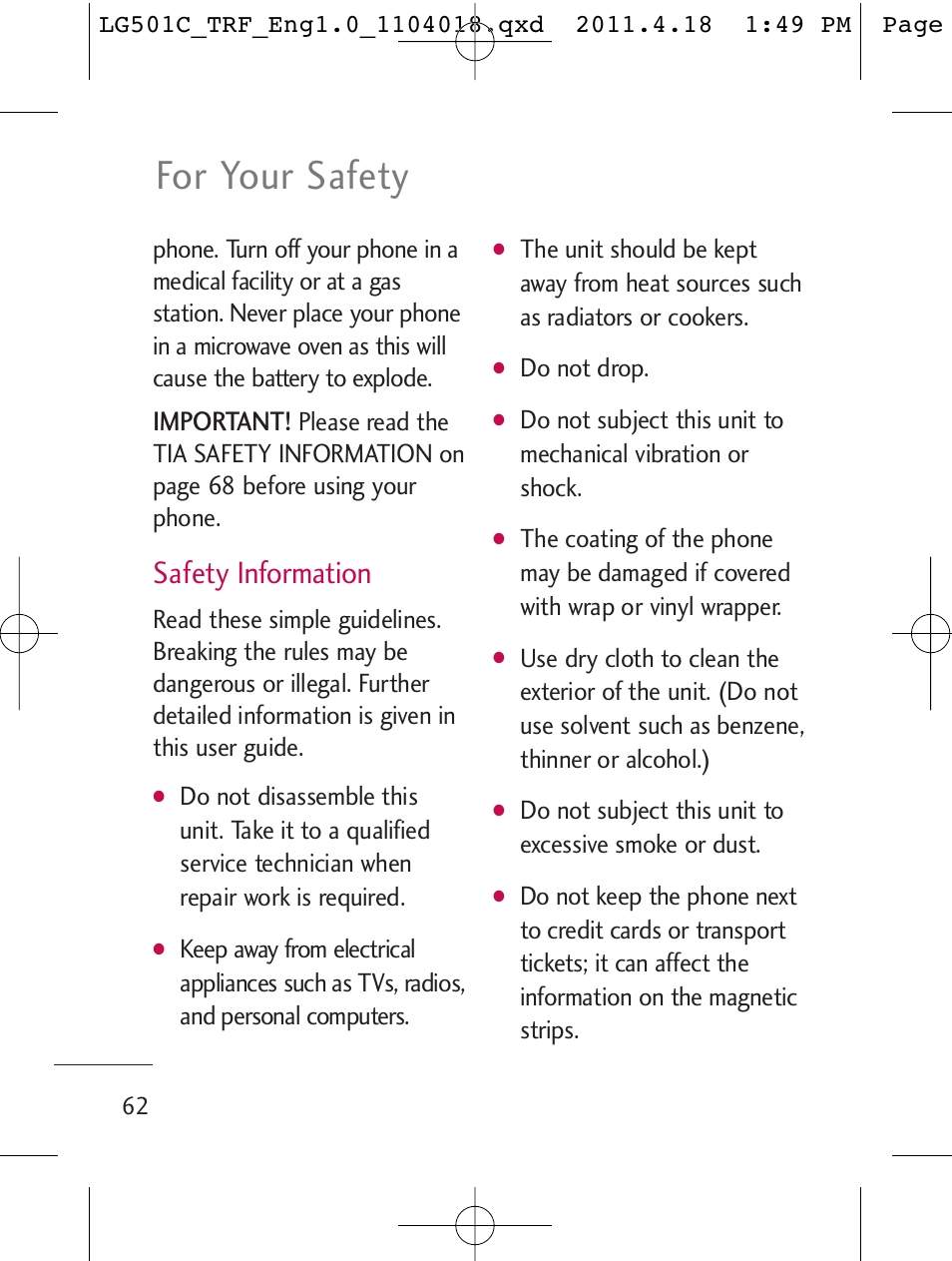 For your safety, Safety information, Important | LG LG501C User Manual | Page 62 / 104