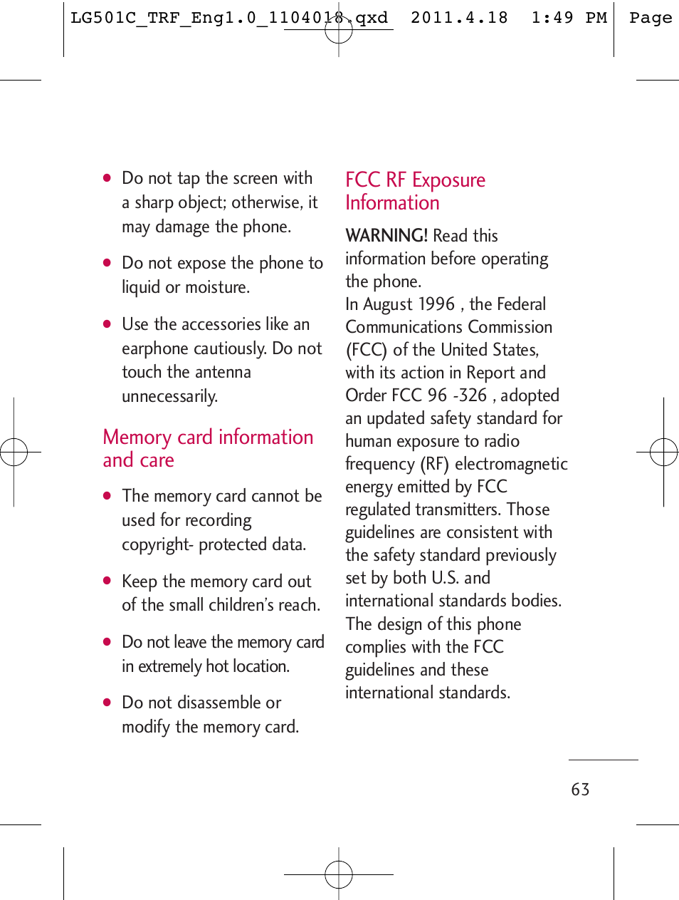 Fcc rf exposure information, Warning | LG LG501C User Manual | Page 63 / 104