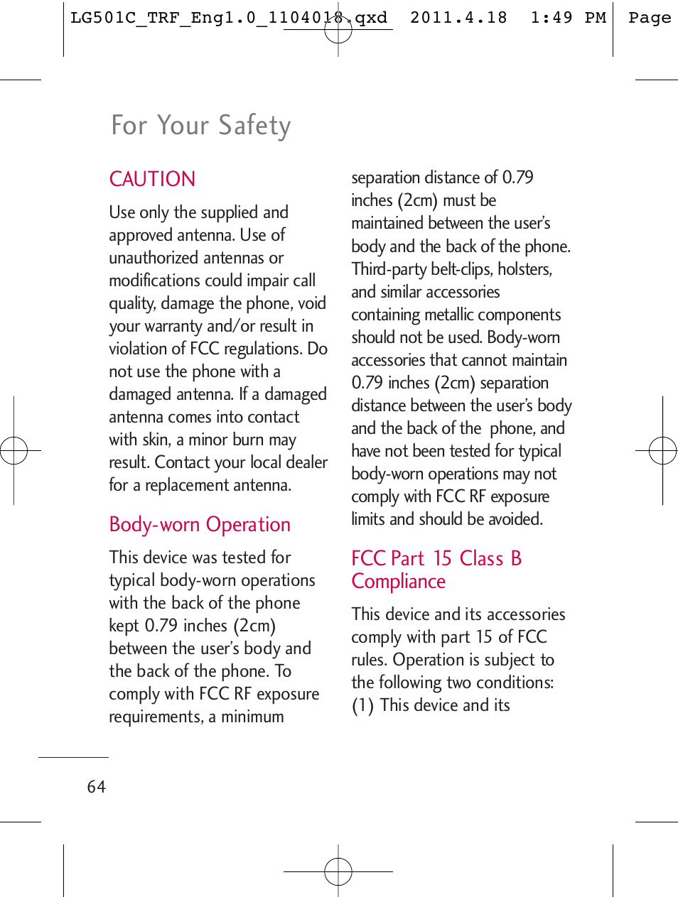 For your safety | LG LG501C User Manual | Page 64 / 104