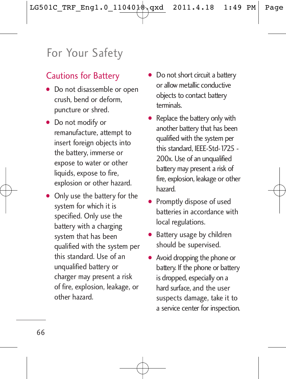 For your safety, Cautions for battery | LG LG501C User Manual | Page 66 / 104