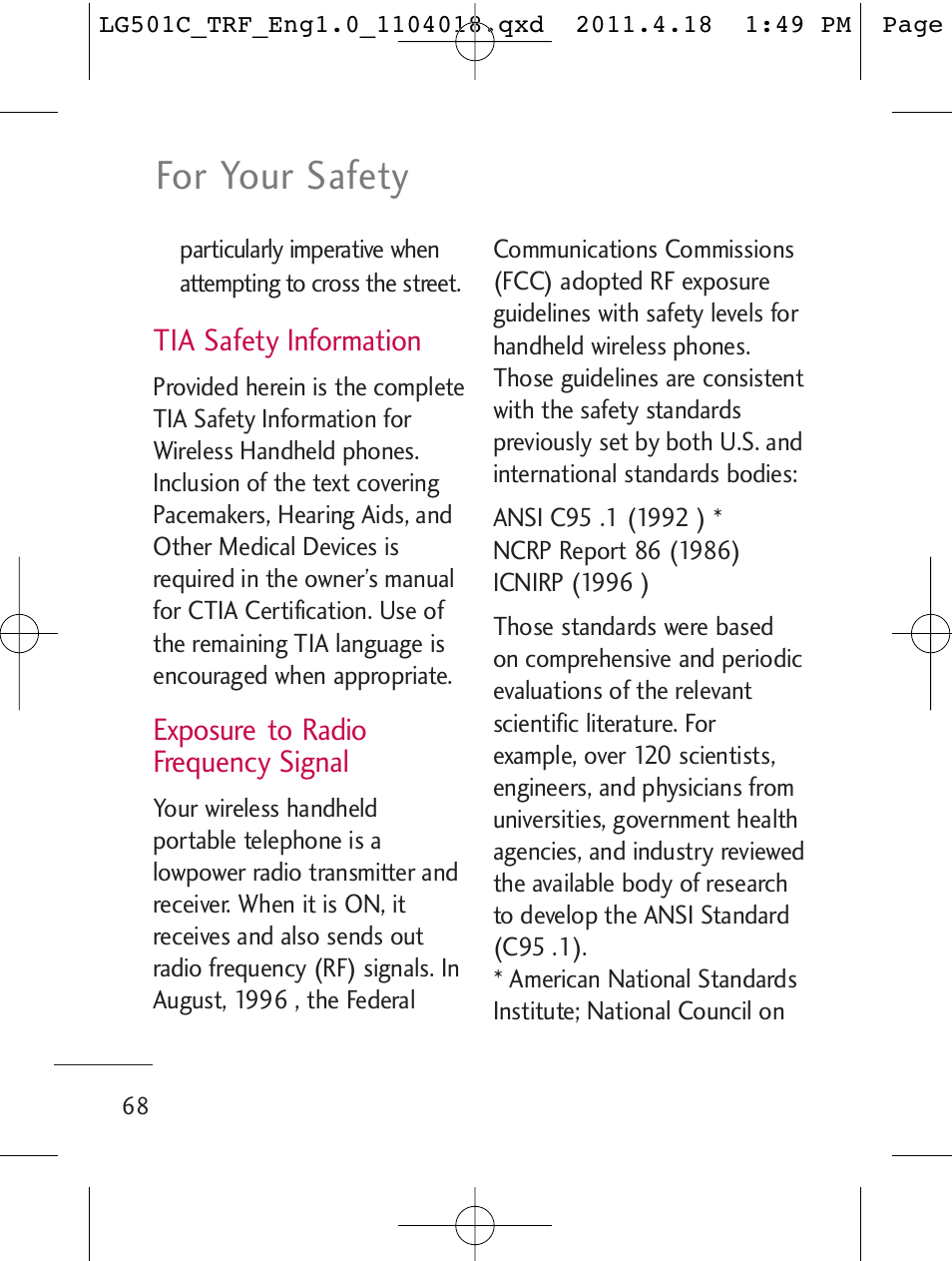 For your safety | LG LG501C User Manual | Page 68 / 104