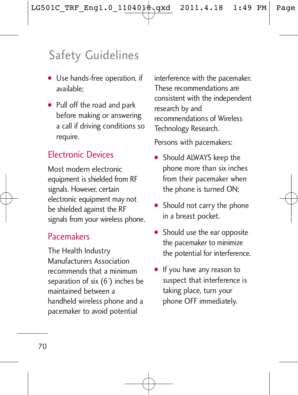 Safety guidelines, Electronic devices, Pacemakers | LG LG501C User Manual | Page 70 / 104