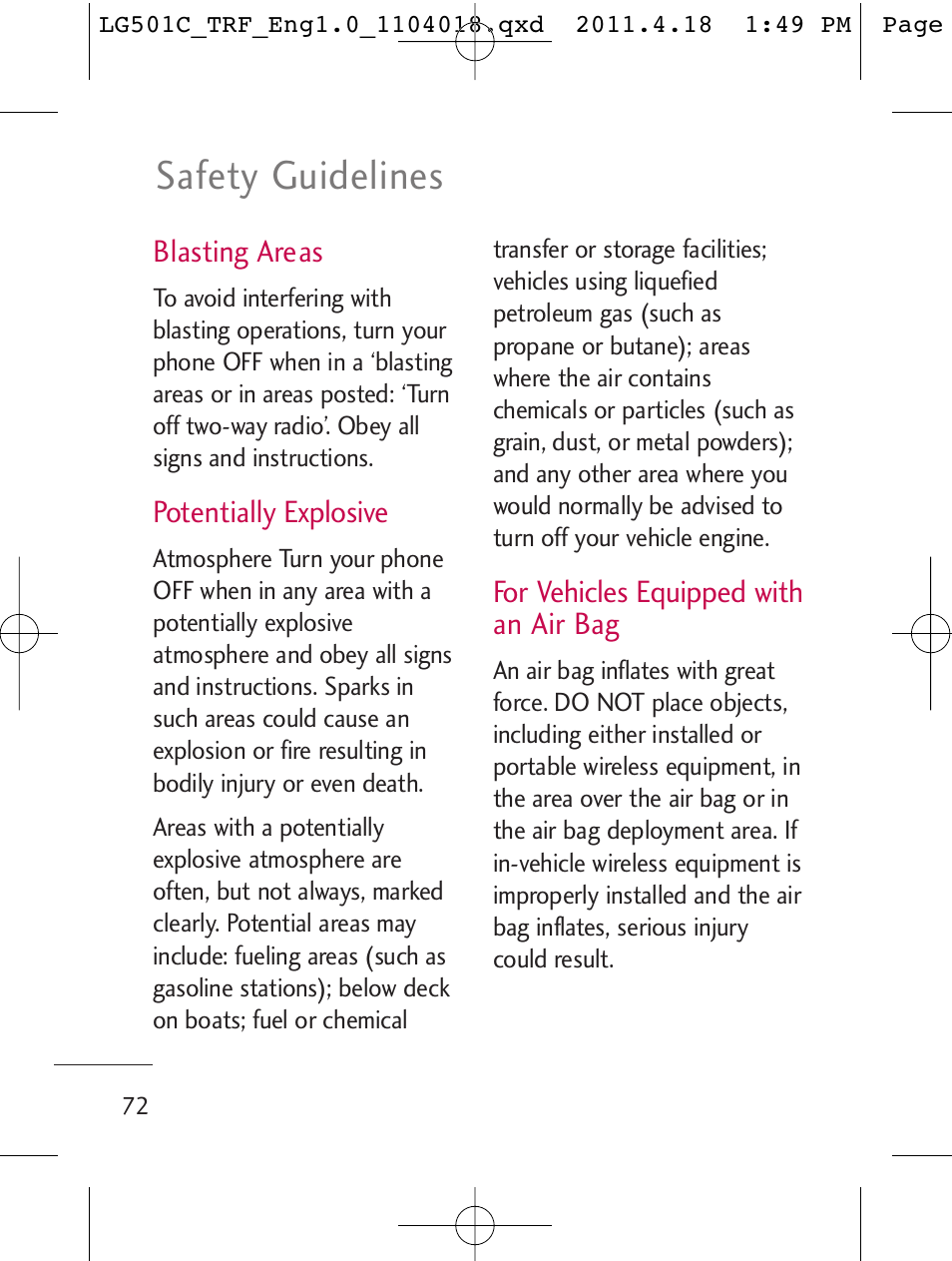 Safety guidelines | LG LG501C User Manual | Page 72 / 104