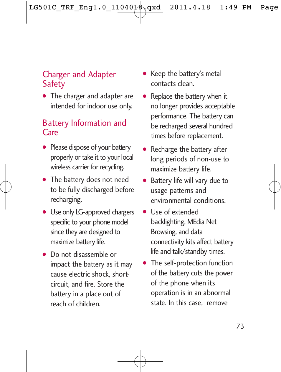 Charger and adapter safety, Battery information and care, Keep the battery’s metal contacts clean | LG LG501C User Manual | Page 73 / 104