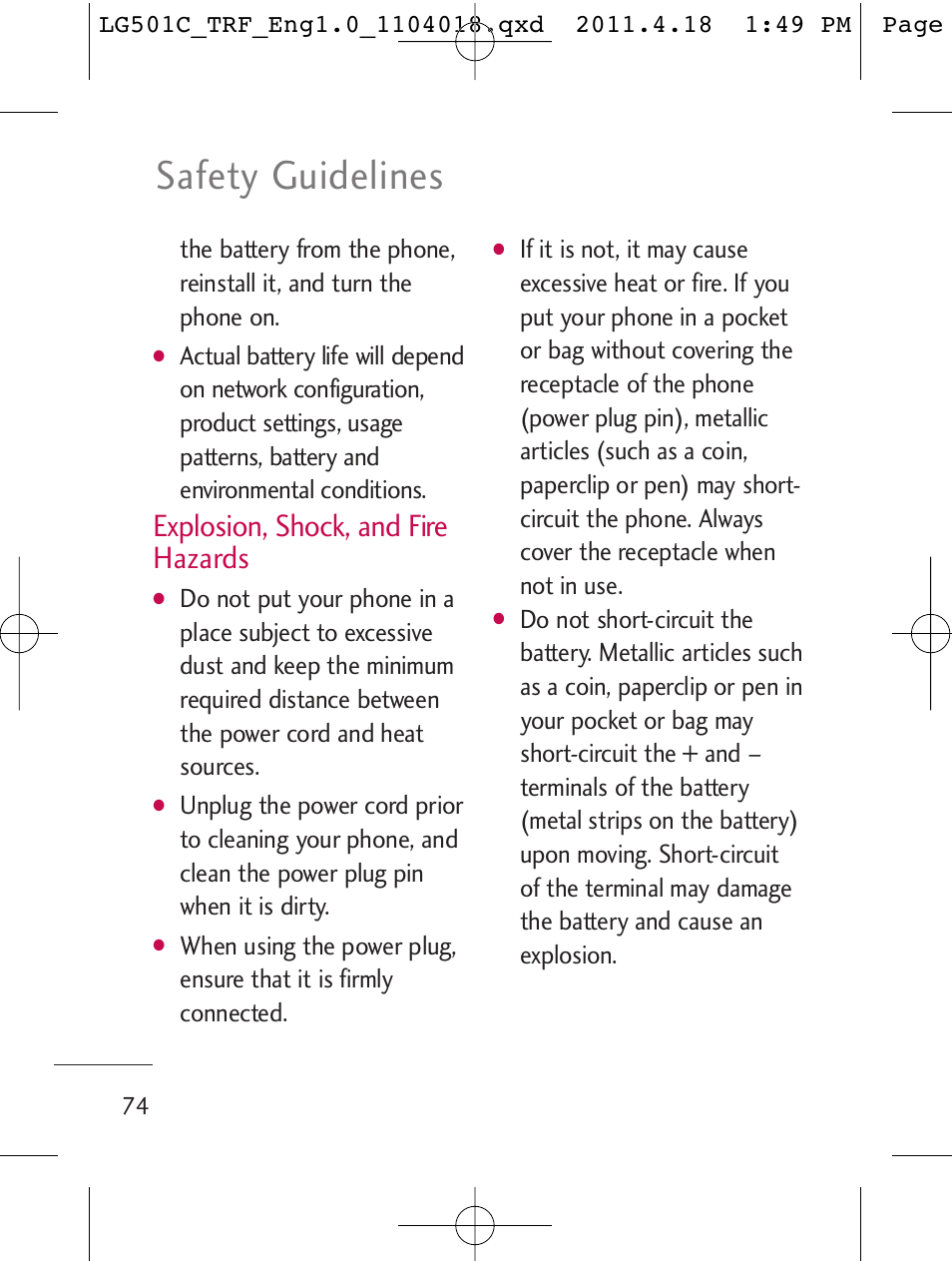 Safety guidelines, Explosion, shock, and fire hazards | LG LG501C User Manual | Page 74 / 104