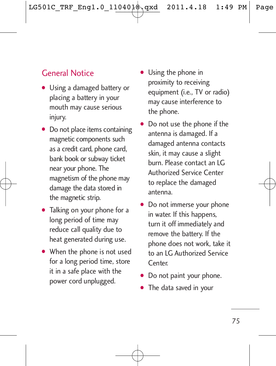 General notice, Do not paint your phone, The data saved in your | LG LG501C User Manual | Page 75 / 104