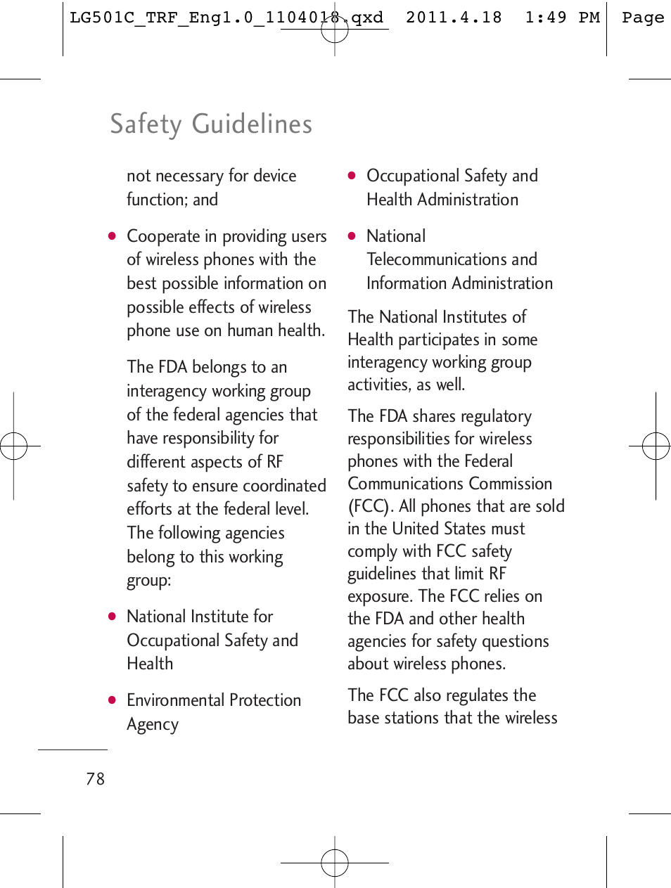 Safety guidelines | LG LG501C User Manual | Page 78 / 104