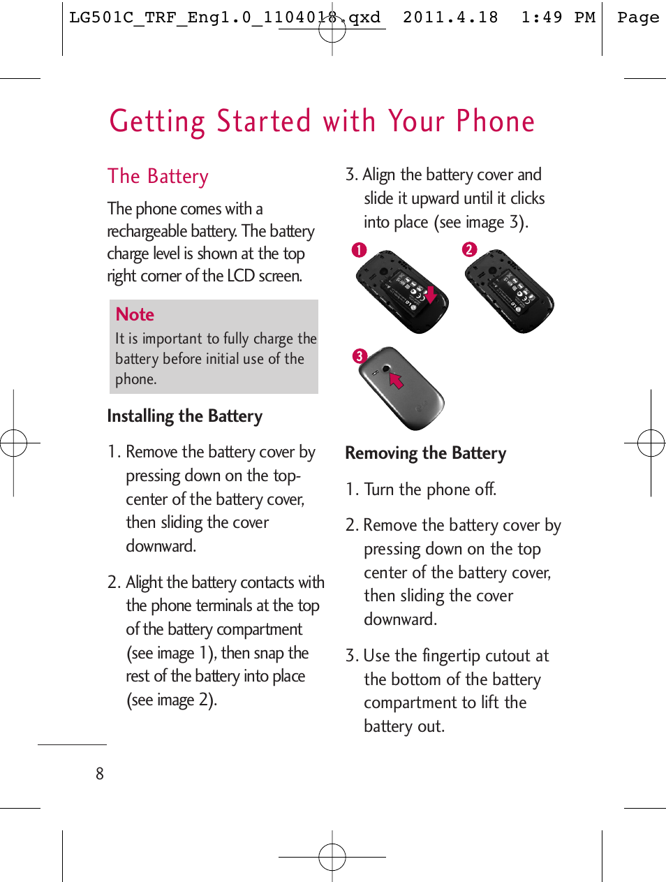 Getting started with your phone, The battery | LG LG501C User Manual | Page 8 / 104