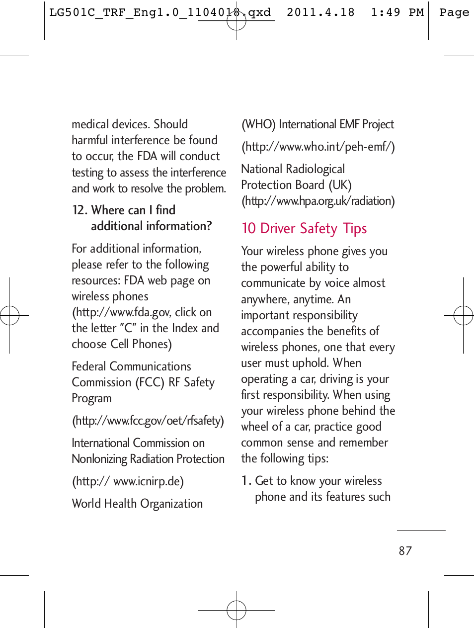 10 driver safety tips | LG LG501C User Manual | Page 87 / 104