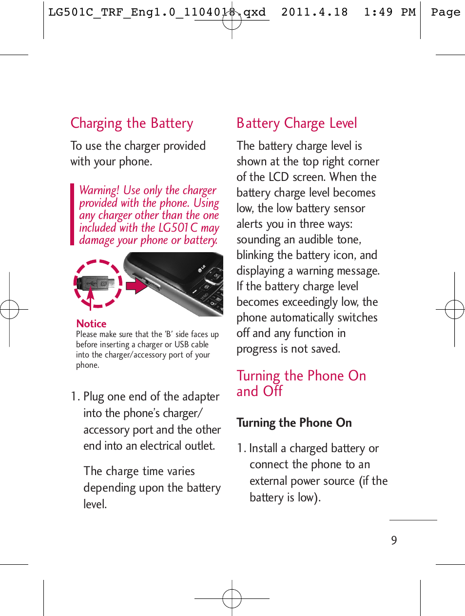 Charging the battery, Battery charge level, Turning the phone on and off | LG LG501C User Manual | Page 9 / 104