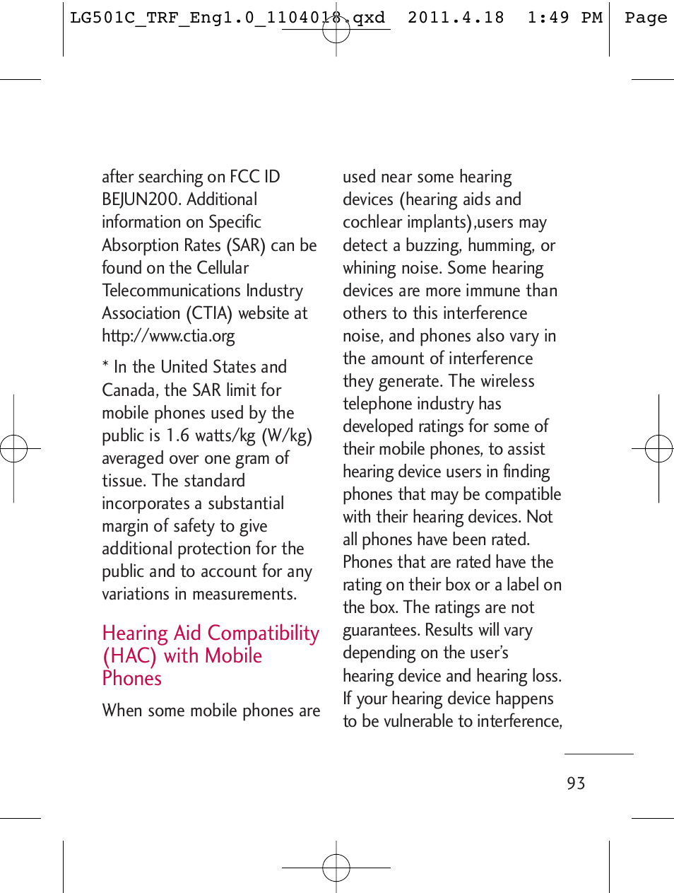 Hearing aid compatibility (hac) with mobile phones | LG LG501C User Manual | Page 93 / 104