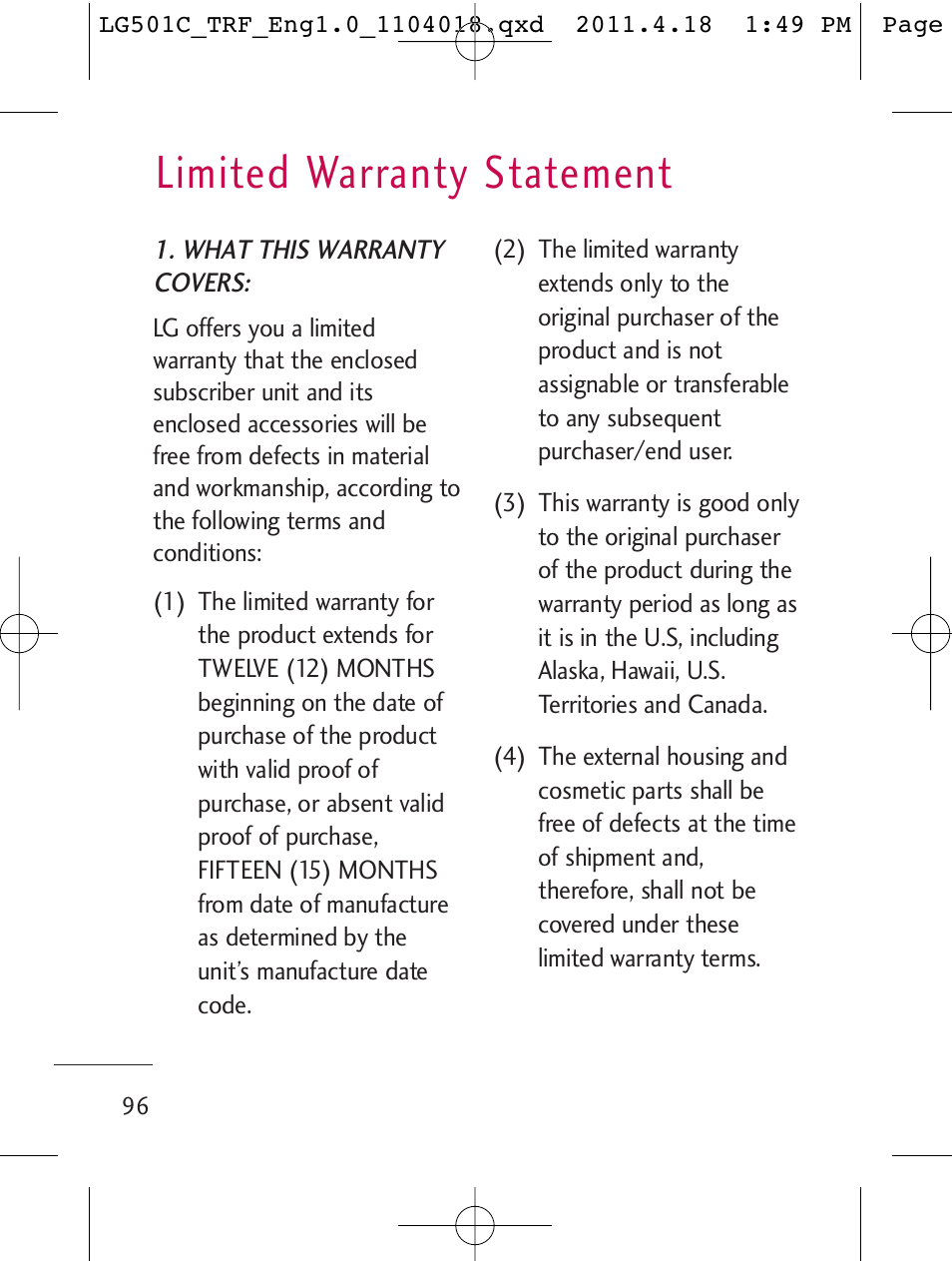 Limited warranty statement | LG LG501C User Manual | Page 96 / 104