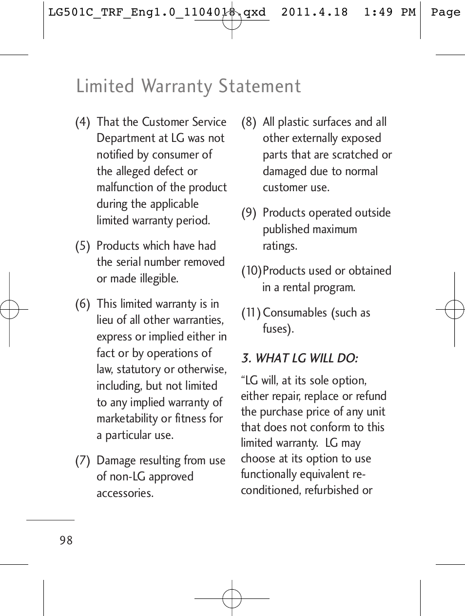 Limited warranty statement | LG LG501C User Manual | Page 98 / 104