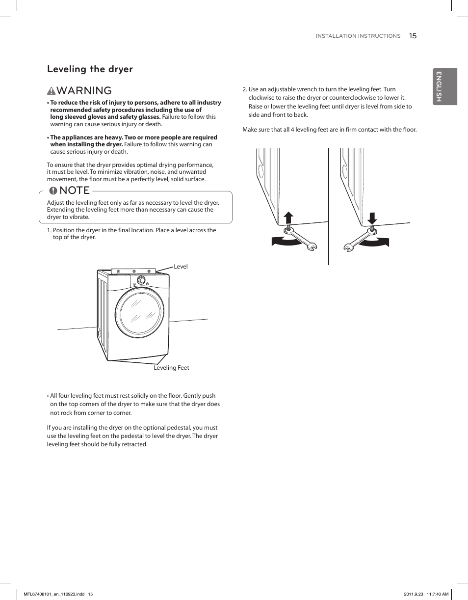Warning, Leveling the dryer | LG DLEX3550V User Manual | Page 15 / 96