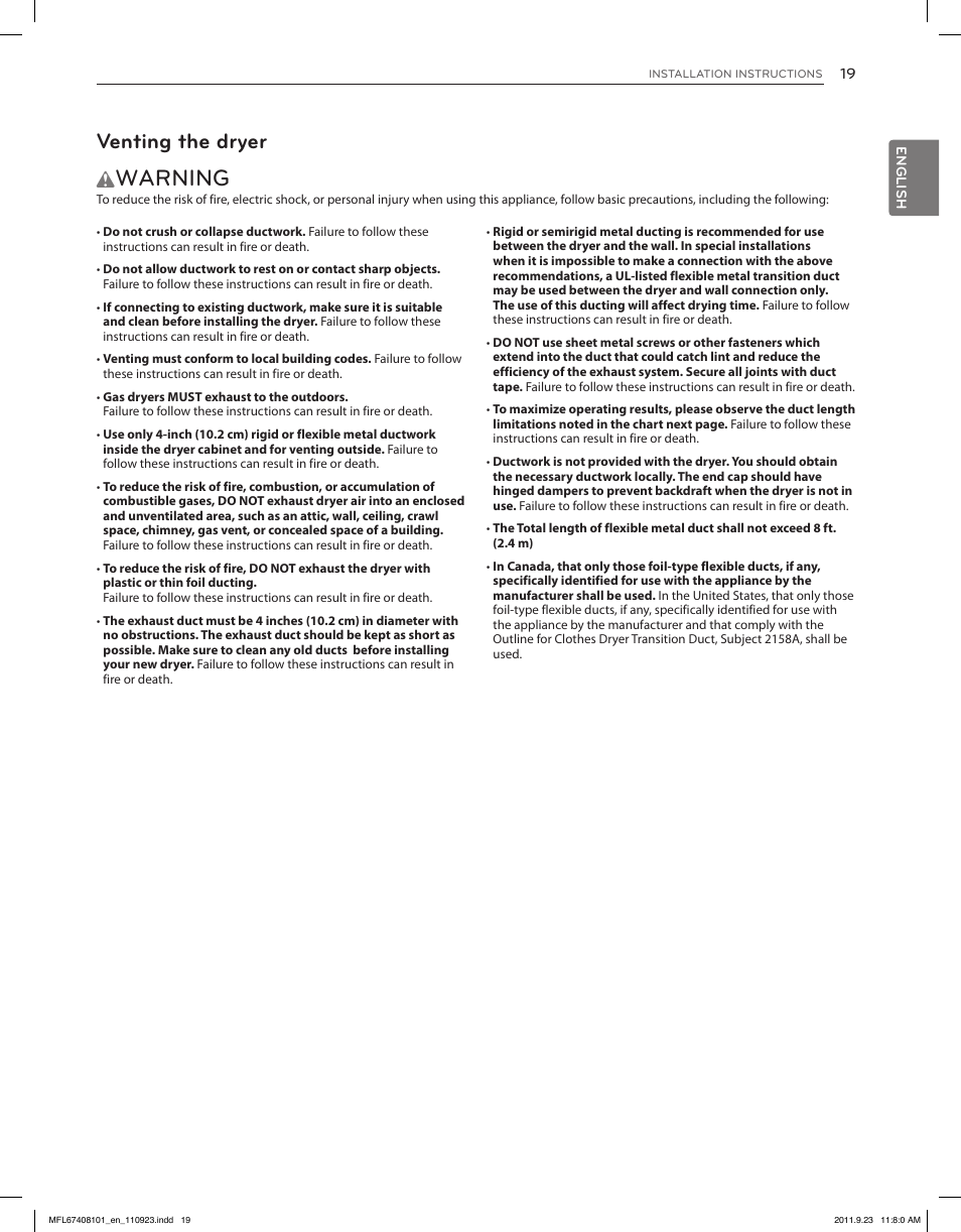 Warning, Venting the dryer | LG DLEX3550V User Manual | Page 19 / 96