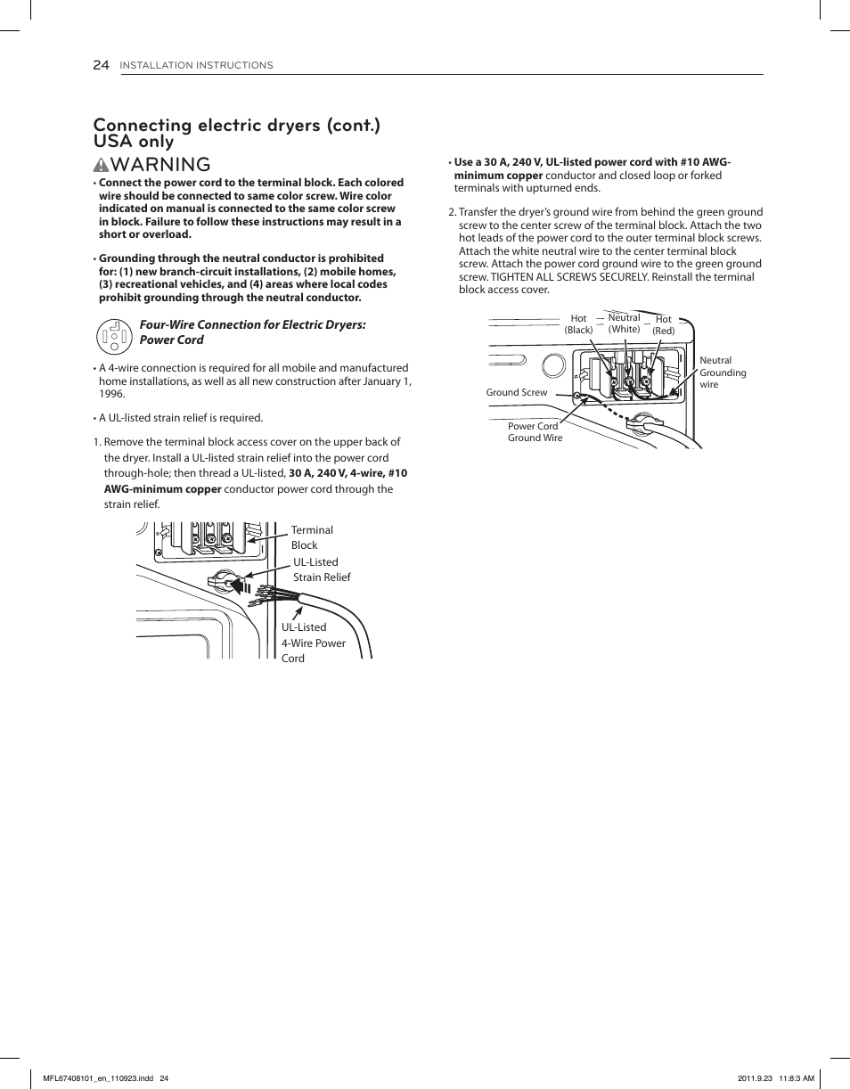 Warning, Connecting electric dryers (cont.) usa only | LG DLEX3550V User Manual | Page 24 / 96
