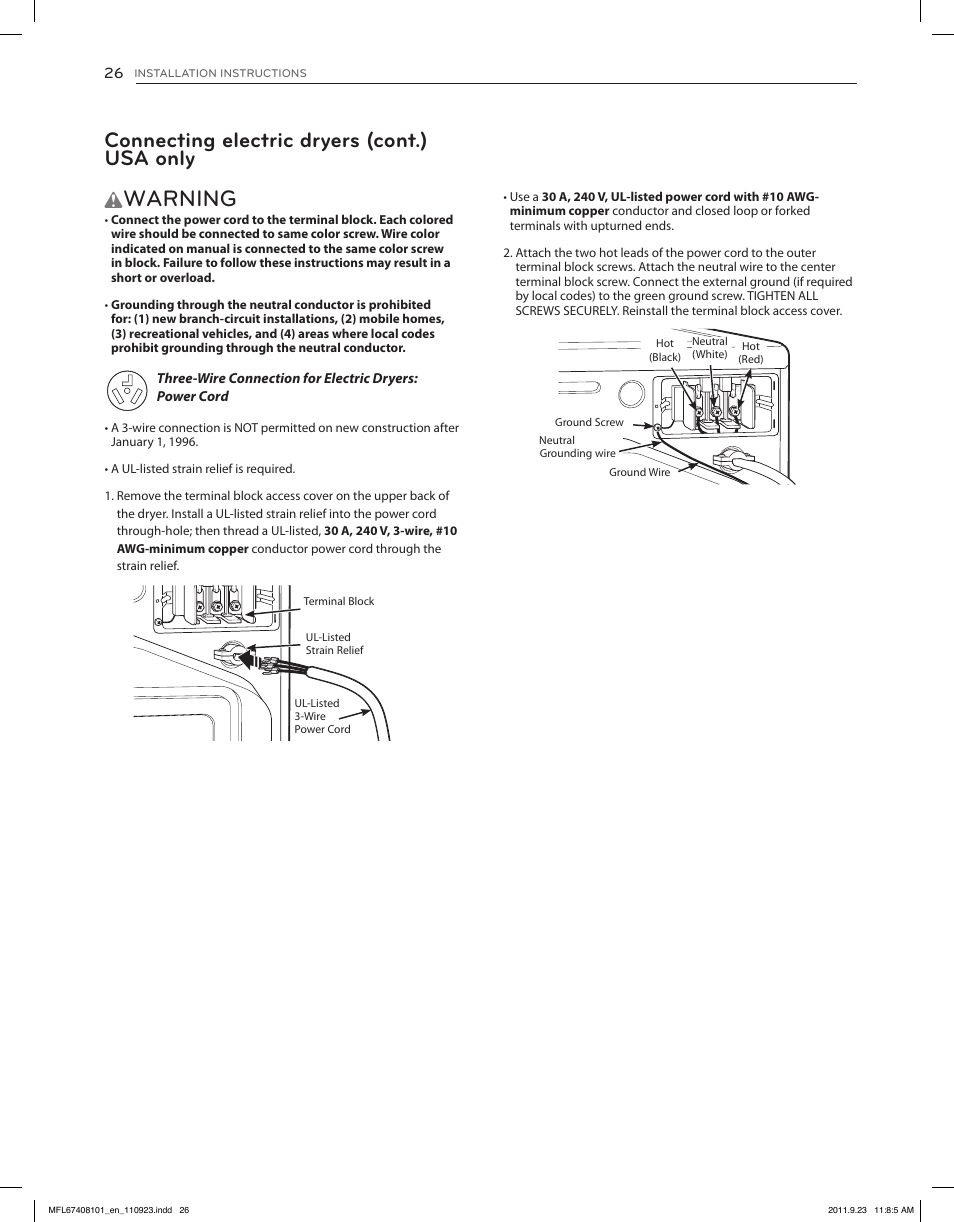 Warning, Connecting electric dryers (cont.) usa only | LG DLEX3550V User Manual | Page 26 / 96