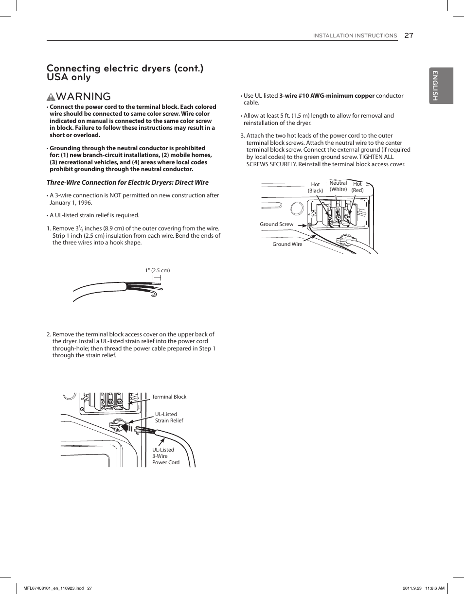Warning, Connecting electric dryers (cont.) usa only | LG DLEX3550V User Manual | Page 27 / 96