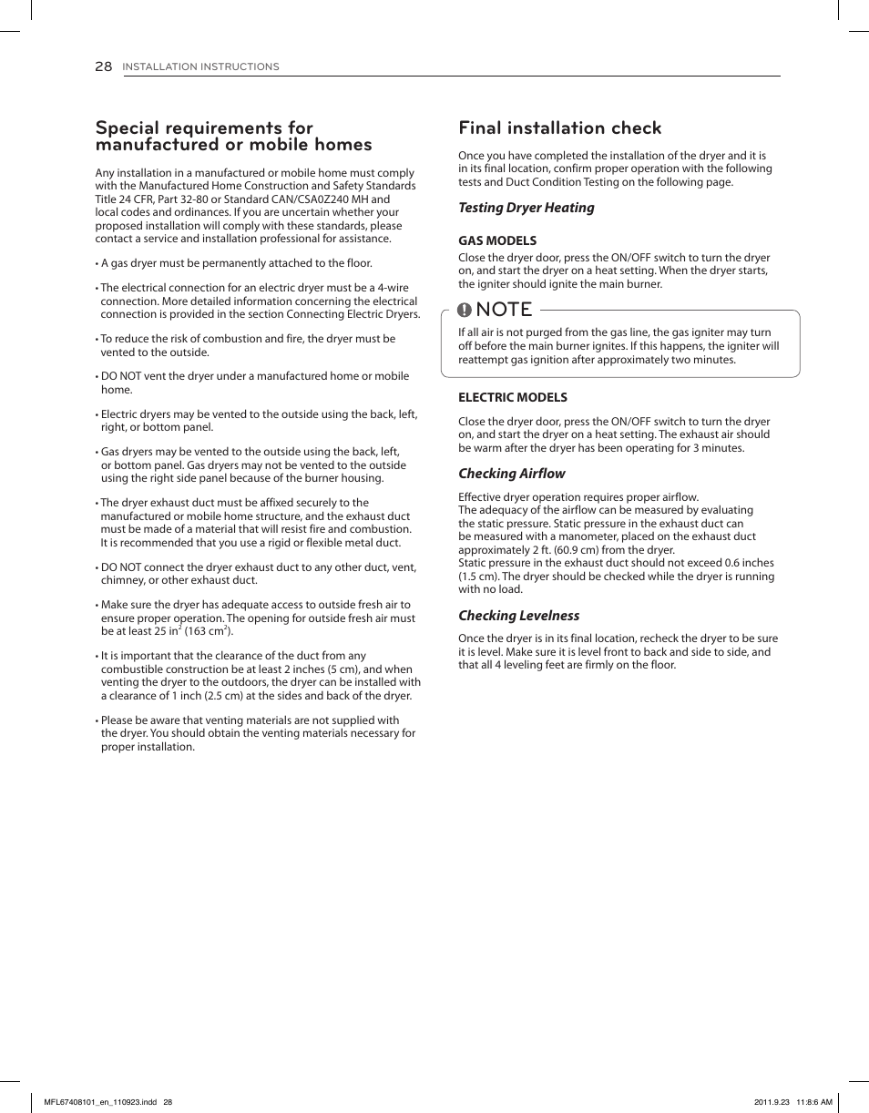 Final installation check | LG DLEX3550V User Manual | Page 28 / 96